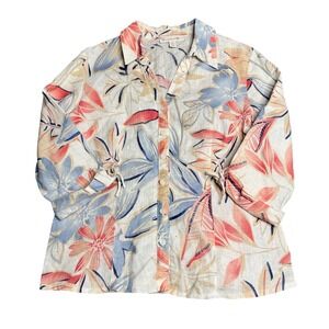 JM Collection 100% Linen Floral Button Down 3/4 Sleeve Top Petite Size 8P‎